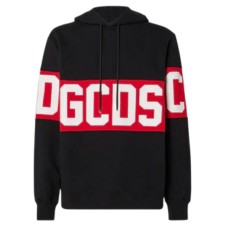 GCDS FELPA CON CAPPUCCIO BLACK UNISEX REGULAR CON BANDA LOGO SERIGRAFATA 