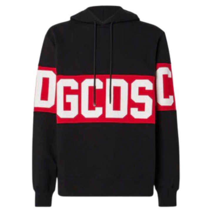 GCDS FELPA CON CAPPUCCIO BLACK UNISEX REGULAR CON BANDA LOGO SERIGRAFATA 