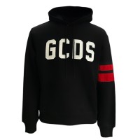 GCDS FELPA CON CAPPUCCIO IN JERSEY DI COTONE BLACK UNISEX CON PATCH LOGO LETTERING WHITE GCDS