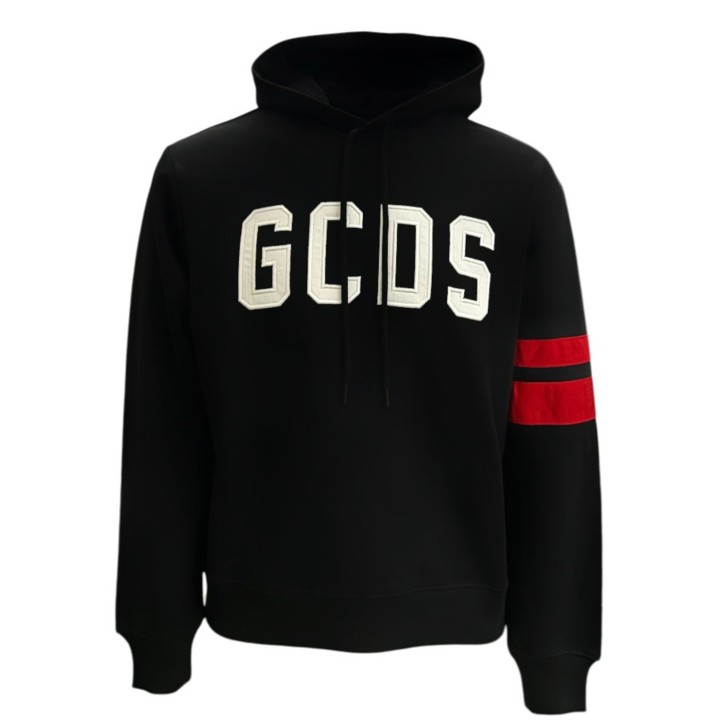 GCDS FELPA CON CAPPUCCIO IN JERSEY DI COTONE BLACK UNISEX CON PATCH LOGO LETTERING WHITE GCDS