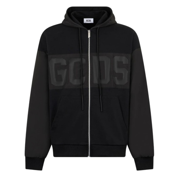 GCDS FELPA UNISEX BLACK CON ZIP BAND LOGO NELLA PARTE ANTERIORE TONO SU TONO 