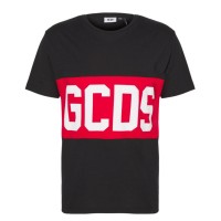 GCDS T-SHIRT UNISEX BLACK A MANICA CORTA REGULAR CON BANDA LOGO SERIFRATATO A CONTRASTO