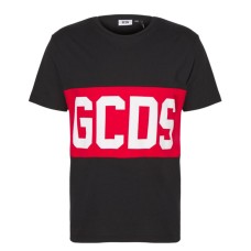 GCDS T-SHIRT UNISEX BLACK A MANICA CORTA REGULAR CON BANDA LOGO SERIFRATATO A CONTRASTO