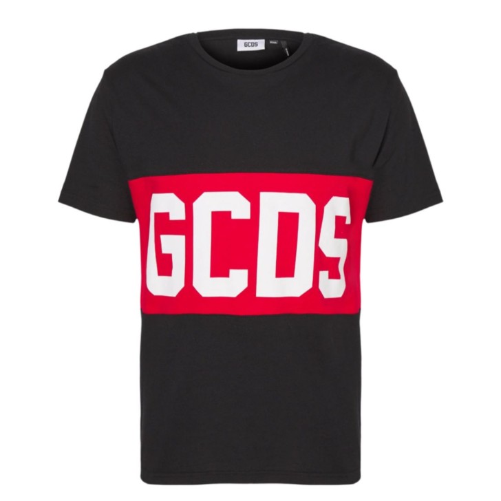 GCDS T-SHIRT UNISEX BLACK A MANICA CORTA REGULAR CON BANDA LOGO SERIFRATATO A CONTRASTO