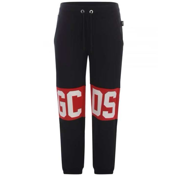 GCDS PANTALONE JOGGER REGULAR IN COTONE BLACK UNISEX CON BANDA LOGO SERIGRAFATA A CONTRASTO