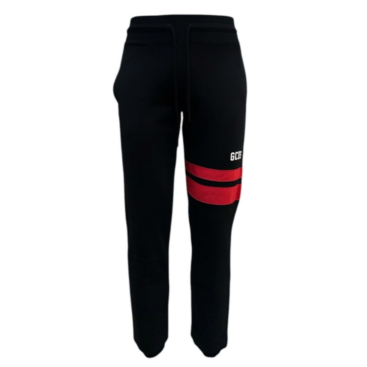GCDS PANTALONE IN COTONE BLACK CON LOGO LETTERING GCDS E DUE BANDE RED 