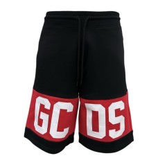GCDS BERMUDA REGULAR IN COTONE BLACK UNISEX CON BANDA LOGO SERIGRAFATA A CONTRASTO