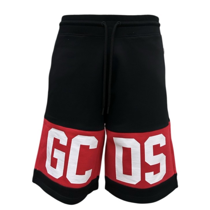 GCDS BERMUDA REGULAR IN COTONE BLACK UNISEX CON BANDA LOGO SERIGRAFATA A CONTRASTO