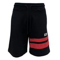 GCDS BERMUDA IN COTONE BLACK UNISEX CON LOGO LETTERING GCDS WHITE E DUE BANDE RED