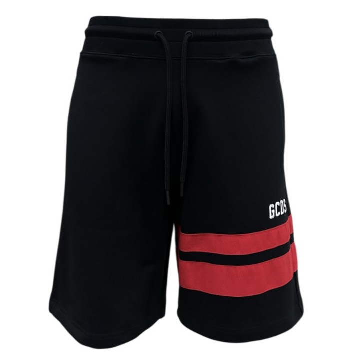 GCDS BERMUDA IN COTONE BLACK UNISEX CON LOGO LETTERING GCDS WHITE E DUE BANDE RED