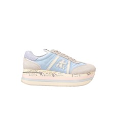 Premiata Sneakers in suede e tessuto beige e azzurra da donna
