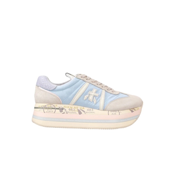 Premiata Sneakers in suede e tessuto beige e azzurra da donna