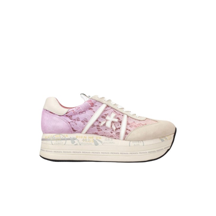 Premiata BETH_6713 Sneakers con tomaia realizzata con una texture traforata in pizzo e suede beige e rosa da donna