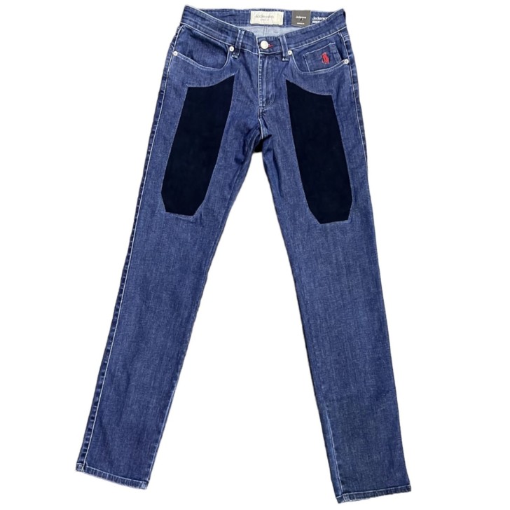 Jeckerson Jeans denim blu cinque tasche con toppe in Alcantara blu