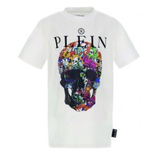 Philipp Plein T-shirt a manica corta bianca in cotone con logo PLEIN e teschio stampato
