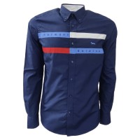 Harmont&Blaine Camicia REGULAR FIT in cotone blu a manica lunga con inserti a contrasto con logo lettering e bassotto