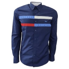 Harmont&Blaine Camicia REGULAR FIT in cotone blu a manica lunga con inserti a contrasto con logo lettering e bassotto