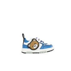 Moschino Sneakers con tomaia in vitello bianca e blu e Patch Moschino Teddy Bear