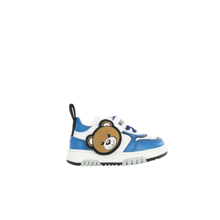 Moschino Sneakers con tomaia in vitello bianca e blu e Patch Moschino Teddy Bear