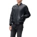 Emporio Armani Giubbotto Bomber Blu in pelle con bande sulle maniche in nastro con logo lettering