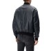 Emporio Armani Giubbotto Bomber Blu in pelle con bande sulle maniche in nastro con logo lettering