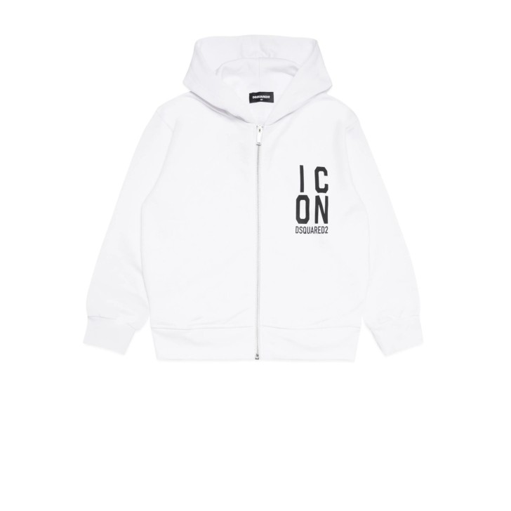 Dsquared2 Felpa Unisex in cotone Full zip Bianca con cappuccio e logo ICON DSQUARED2