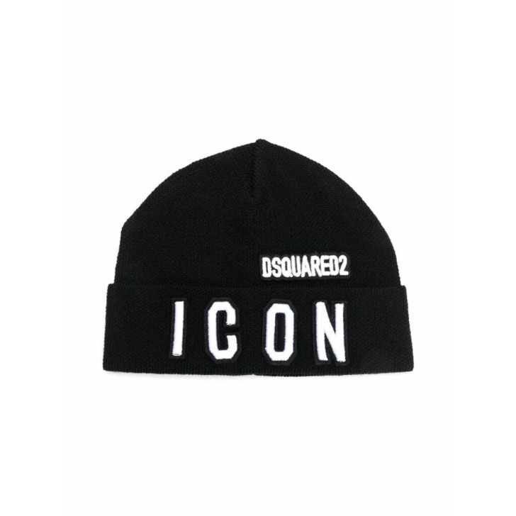 Dsquared2 Cappello unisex nero in misto lana con logo lettering DSQUARED2 ICON