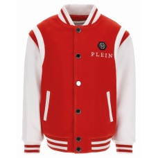 Philipp Plein Giubbotto rosso con maniche in vera pelle a contrasto bianco