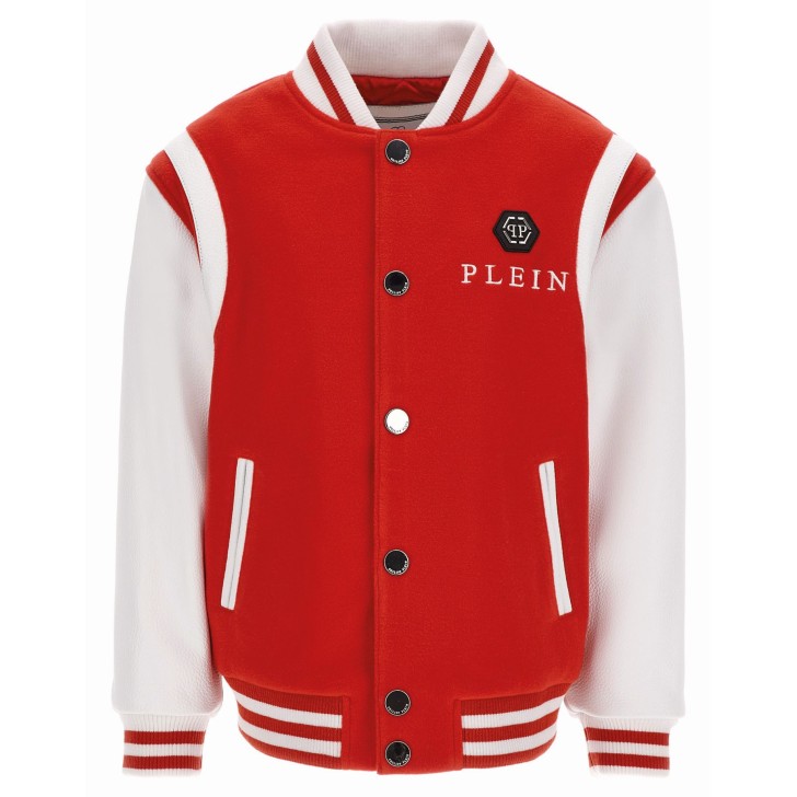 Philipp Plein Giubbotto rosso con maniche in vera pelle a contrasto bianco