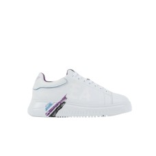 Emporio Armani Sneakers in pelle Bianca con logo effetto pennellato multicolor ai lati