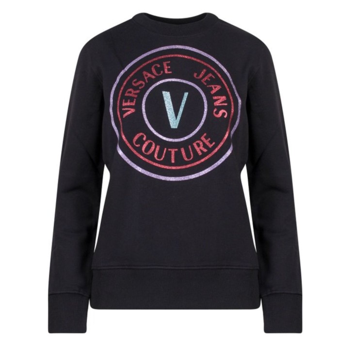 Versace Jeans Couture Felpa a girocollo nera con maxi logo glitterato nella parte anteriore