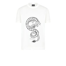 EMPORIO ARMANI T-SHIRT IN JERSEY MISTO LYOCELL WHITE A MANICA CORTA CON MAXI LOGO DRAGO 