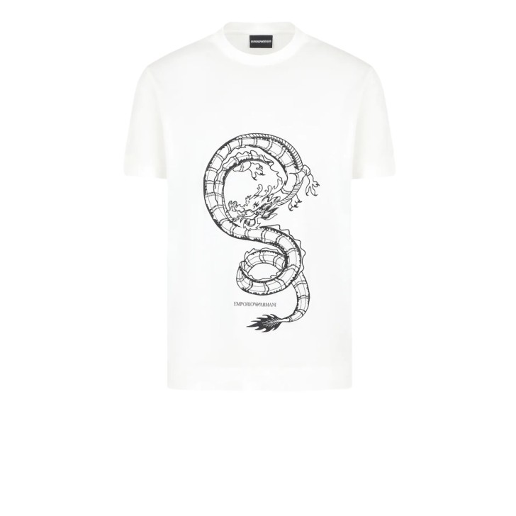EMPORIO ARMANI T-SHIRT IN JERSEY MISTO LYOCELL WHITE A MANICA CORTA CON MAXI LOGO DRAGO 