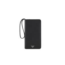 EMPORIO ARMANI PORTAFOGLIO ZIP AROUND BLACK IN PELLE RIGENERATA SAFFIANO PLACCHETTA AQUILA ASV CON LACCIO DA POLSO