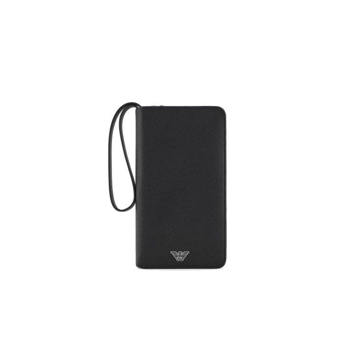 EMPORIO ARMANI PORTAFOGLIO ZIP AROUND BLACK IN PELLE RIGENERATA SAFFIANO PLACCHETTA AQUILA ASV CON LACCIO DA POLSO