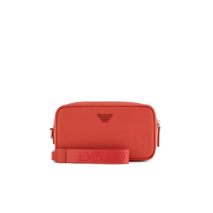 EMPORIO ARMANI BEAUTY CASE ORANGE IN PELLE RIGENERATA SAFFIANO CON LACCIO DA POLSO E PLACCHETTA AQUILA ASV	