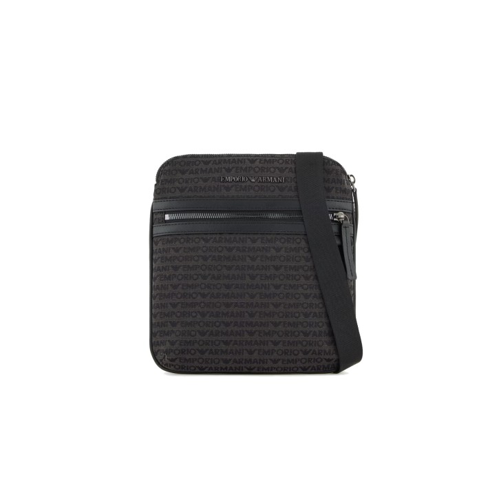 EMPORIO ARMANI TRACOLLA PIATTA IN TESSUTO JACQUARD LETTERING ALL OVER BLACK
