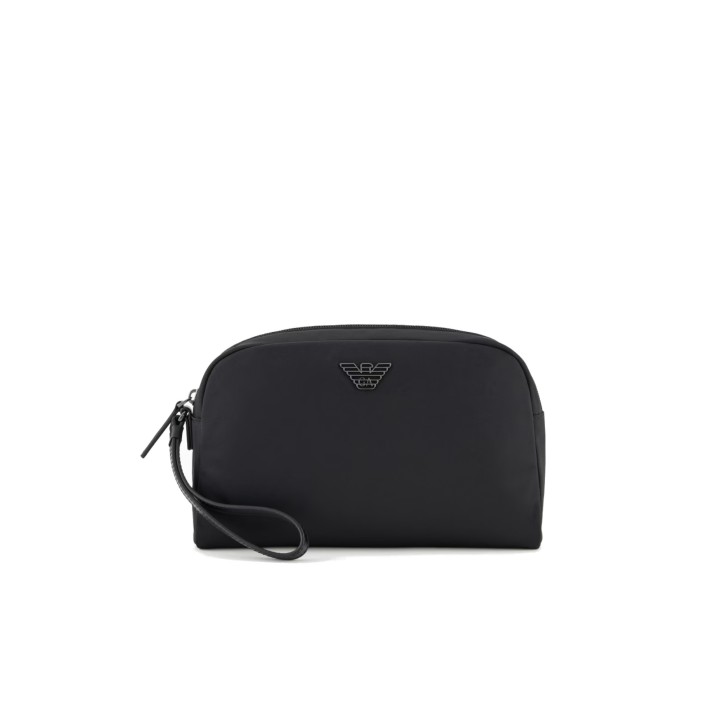 EMPORIO ARMANI BEAUTY CASE CON LACCIO DA POLSO IN NYLON RICICLATO ASV BLACK CON LOGO EAGLE IN METALLO