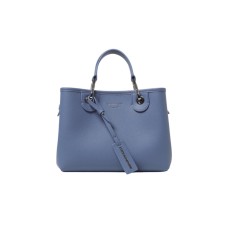 EMPORIO ARMANI SHOPPING BAG SMALL A MANO BLU CON TRACOLLA IN NASTRO BLU CON LOGO LETTERING ALL OVER REGOLABILE ESTRAIBILE	