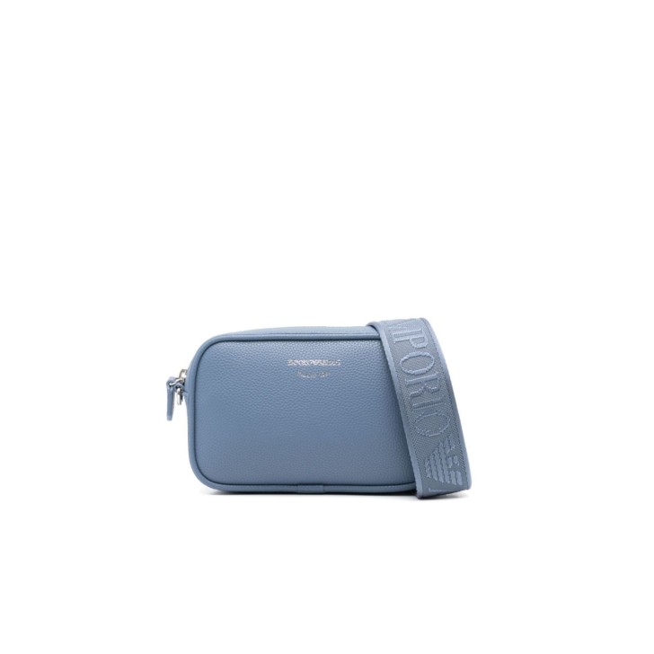 EMPORIO ARMANI MINI BAG BLU CON TRACOLLA IN NASTRO CON LOGO LETTERING ALL OVER REGOLABILE ESTRAIBILE	