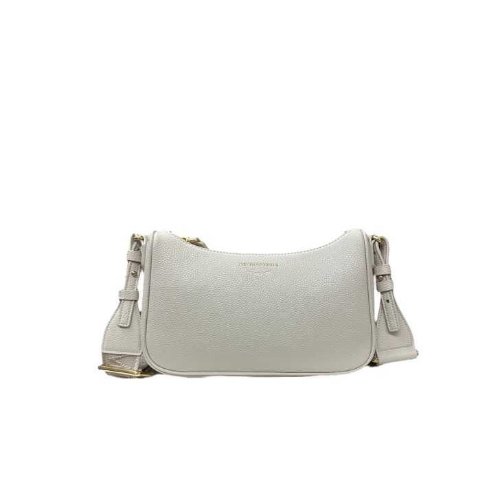 EMPORIO ARMANI MINI BAG BAGUETTE BEIGE CON TRACOLLA IN NASTRO BEIGE CON LOGO LETTERING ALL OVER REGOLABILE ESTRAIBILE	