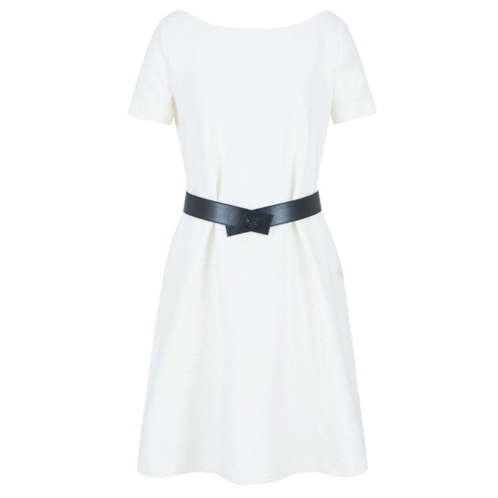 EMPORIO ARMANI ABITO A MANICA CORTA WHITE IN JERSEY OTTOMAN CON SCOLLO A BARCA E CINTURA BLACK CON LOGO EAGLE	