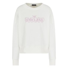 EMPORIO ARMANI FELPA WHITE CON MAXI LOGO PINK IN FRENCH TERRY DI PURO COTONE
