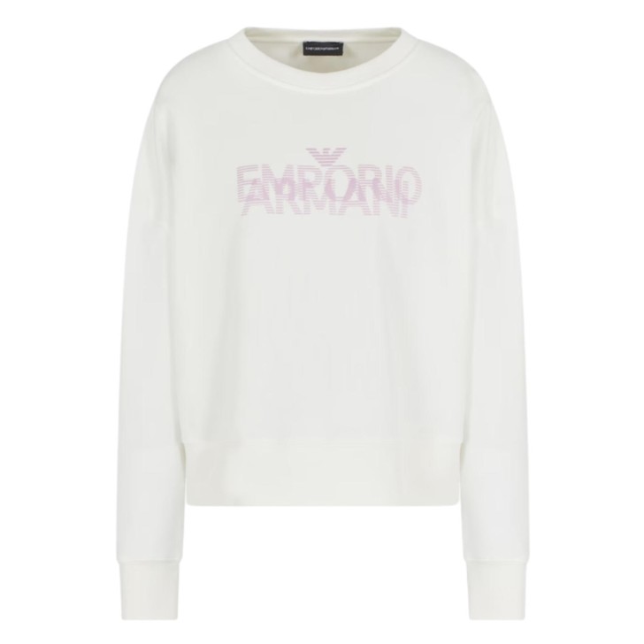 EMPORIO ARMANI FELPA WHITE CON MAXI LOGO PINK IN FRENCH TERRY DI PURO COTONE