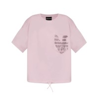 EMPORIO ARMANI T-SHIRT PINK IN JERSEY DI COTONE SUPIMA CON TASCA A TOPPA LOGATA ASV CON LOGO AQUILA IN STRASS	