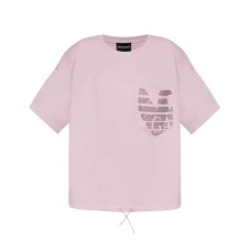 EMPORIO ARMANI T-SHIRT PINK IN JERSEY DI COTONE SUPIMA CON TASCA A TOPPA LOGATA ASV CON LOGO AQUILA IN STRASS	