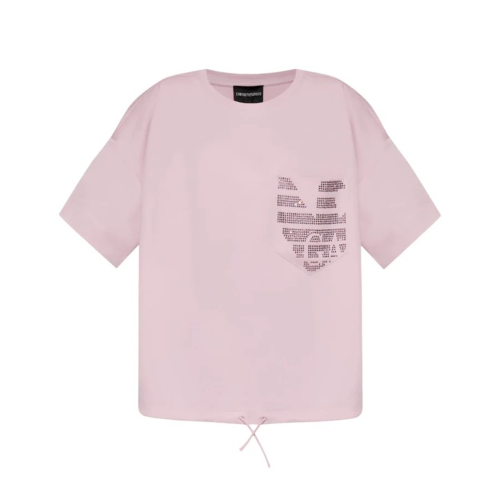 EMPORIO ARMANI T-SHIRT PINK IN JERSEY DI COTONE SUPIMA CON TASCA A TOPPA LOGATA ASV CON LOGO AQUILA IN STRASS	