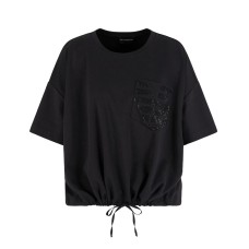 EMPORIO ARMANI T-SHIRT BLACK IN JERSEY DI COTONE SUPIMA CON TASCA A TOPPA LOGATA ASV CON LOGO AQUILA IN STRASS