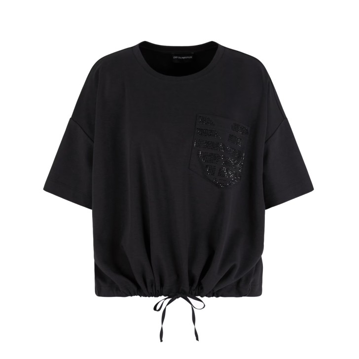 EMPORIO ARMANI T-SHIRT BLACK IN JERSEY DI COTONE SUPIMA CON TASCA A TOPPA LOGATA ASV CON LOGO AQUILA IN STRASS