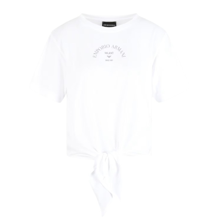 EMPORIO ARMANI T-SHIRT WHITE CON NODO IN LIGHT JERSEY E LOGO LETTERING 